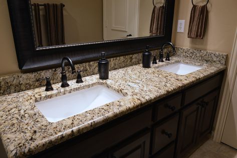 Santa Cecilia granite bathroom vanity Granite Bathroom Countertops, Bathroom Vanity Countertops, Granite Bathroom, Granite Vanity, Best Kitchen Design, Outdoor Kitchen Countertops, Custom Bathroom Vanity, Brown Granite, Santa Cecilia