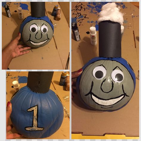 School project Thomas the Train pumpkin #pumpkin #halloween #thomasthetrain #paint #creativemom Thomas The Train Trunk Or Treat, Train Trunk Or Treat, Thomas The Train Pumpkin, Dumbo Tattoo, Elementary School Projects, Pumpkin Paint, Train Pumpkin, Thomas Train, Pumpkin Contest