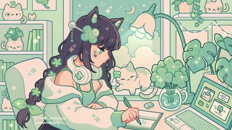 Emily 🍊🧡 (@fresh_bobatae) / Twitter Fresh_bobatae Art, Art Mignon, Tea Art, Anime Canvas, Dessin Adorable, Green Art, Painting Tools, Green Wallpaper, Green Aesthetic