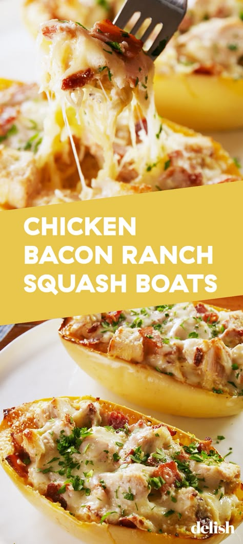 Chicken Bacon Ranch Squash Boats are the low-carb comfort food you need. Get the recipe at Delish.com. #recipe #easy #easyrecipes #delish #chicken #bacon #ranch #spaghetti #squash #lowcarb #diets #dieting #cheese #low #carb Chicken Bacon Ranch Spaghetti Squash, Chicken Bacon Ranch Spaghetti, Bacon Ranch Spaghetti, Ranch Spaghetti, Spaghetti Squash Boats, Healthy Squash Recipes, Spaghetti Squash Recipes Healthy, Spaghetti Squash Recipes Easy, Squash Boats