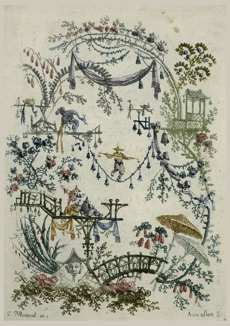 Chinoiserie by Anne Allen (1749/50-1808) working with her husband, Jean Pillement. Cooper Hewitt, Smithsonian Design Museum French Chinoiserie Wallpaper, Chinoiserie Illustration, French Chinoiserie, Painted Paneling Walls, Chinoiserie Design, Antique Wallpaper, Chinoiserie Wallpaper, Rococo Style, Design Museum