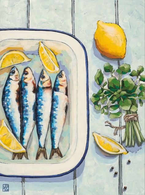 Aquatic Painting, Gouache Studies, Fisherman's Cottage, Blue Blanc, Fish Paintings, Lemon Art, Being Creative, Food Painting, Arte Inspo