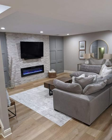 Bright Basement, Brighten Up A Basement, Family Basement, Basement Tv Rooms, Basement Family Rooms, Small Basement Remodel, Basement Fireplace, Dream Basement, Basement Living