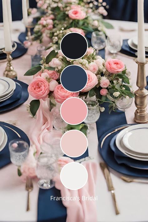 Navy Blue and Pink Marriage ceremony Colour Concepts: Stunning Navy and Pink Marriage ceremony Concepts Check more at https://howcandothis.com/weddingideas/navy-blue-and-pink-marriage-ceremony-colour-concepts-stunning-navy-and-pink-marriage-ceremony-concepts/ Navy Pink White Color Palette, Wedding Color Palette 2024 Summer, Wedding Color Combinations Summer, Wedding Color Schemes For March, Pink Blue Wedding Decoration, Pink Wedding Scheme Colour Palettes, Summer Wedding Colors Navy, Dark Blue And Pink Wedding Theme, Navy And Blush Color Palette