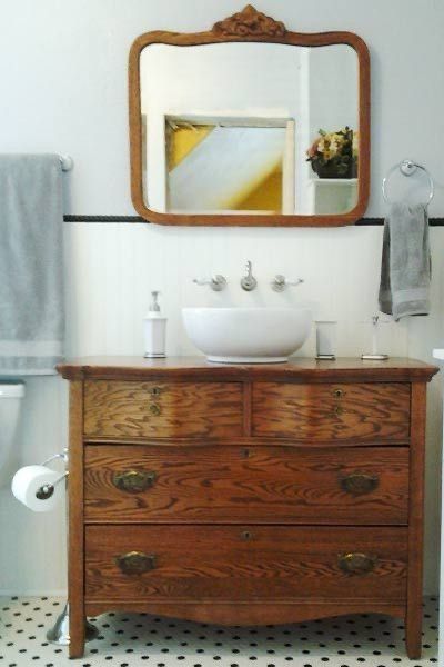 We were planning on totally redoing our bathroom someday, but when I fell in love with this photo on Pinterest, I wanted to start this project early! We visited a gentleman who lives down the road and redoes furniture to see if he had any dressers for this project. Well, lo and behold he did- it was meant to be!Continue scrolling for our dresser-to-vanity tutorial. Inspiration photo & supplies Here is the photo I fell in love with!Supplies for this project: dresser vessel or drop… Dresser Vanity Bathroom, Bathroom Vanity Remodel, Vanity Makeover, Diy Bathroom Vanity, Best Bathroom Vanities, Rustic Bathroom Vanities, Dresser Vanity, Diy Vanity, Vintage Bathrooms