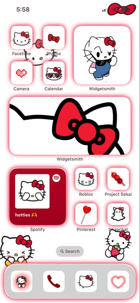 Hello Kitty Layout Wallpaper, Hello Kitty Phone Theme Red, Hello Kitty Ios Homescreen, Phone Themes Widget, Ios 16 Hello Kitty Wallpaper, Hello Kitty Ios Layout, Hello Kitty Usernames, Hello Kitty Homescreen Ideas, Hello Kitty Themed Phone