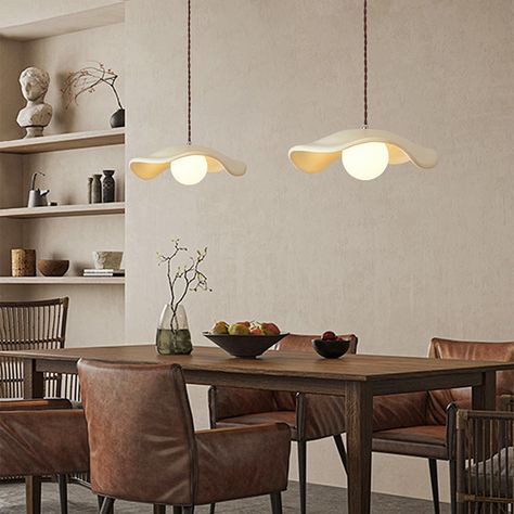 [FEATURE] The vintage charm of this pendant light creates a festive atmosphere that will make you feel cozy and happy. Hat shades are handcrafted from compression molding, giving them a unique organic shape that adds personality to any space. Whether your home, restaurant, office, or store needs a light, pendant lights will bring a timeless look to your environment. 
   
 The same series of products, click on the picture to learn more Wabi Sabi Dining Room, Wabi Sabi Dining, Room Hanging Lights, Dining Room Pendant, Pendant Lighting Dining Room, Bulb Light, White Pendant Light, Glass Light, Wave Design