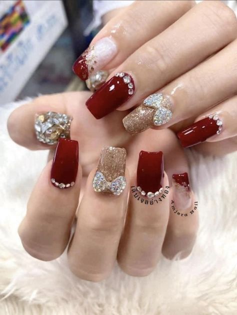 Nail Art For Bride Perfect Wedding, Bridal Nails Red Wedding, Red Bride Nails, Deepavali Nail Design, Nail Extensions Designs Bridal, Bridal Nail Extensions Brides, Red Bridal Nails Wedding, Nail Extensions For Bride, Bridal Nail Designs Brides