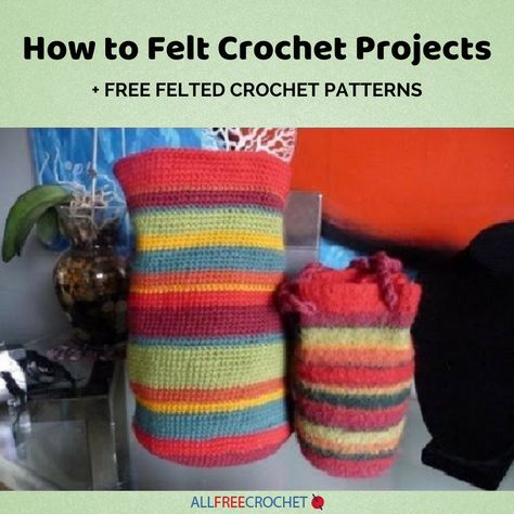 Crochet projects are so versatile, especially when it comes to crochet bag patterns, DIY clutches, or even <a href="http://www.allfreecrochet.com/tag/Crochet-Basket-Patterns" target="_blank">crochet basket patterns</a>. These products are great at carrying your essentials, but to beef up their capacity, felting is a great technique to seal up those stitches a little tighter.<br /> <br /> Learning how to felt can be a little overwhelming, though, especi Felted Crochet Patterns, Felt Crochet, Crochet Basket Patterns, Crochet School, Owl Feathers, Crochet Quilt Pattern, Crochet Project Free, Felted Bags, Different Crochet Stitches