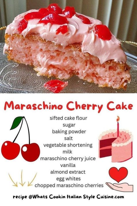 Shugary Sweets - I love to make this moist Maraschino... | Facebook Maraschino Cherry Cake, Maraschino Cherries Recipes, Cooked Frosting, Cherry Cake Recipe, Shugary Sweets, Cake Mug, Cake Recipes From Scratch, Cherry Cake, Cherry Recipes