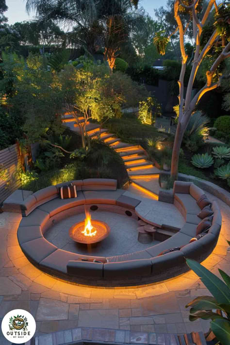 Gather around this sunken lounge fire pit, where modern comfort meets cozy evenings. It's the ultimate backyard retreat. Tap to see more inviting fire pit designs! Fire Places Ideas Outside, Outdoor Firepit Patio, Outdoor Sunken Fire Pit, Sunken Fire Pit Ideas Backyard, Modern Sunken Fire Pit, Sunken Patio Ideas, Exterior Conversation Pit, Sunk In Fire Pit, Sunken Fire Pit With Seating