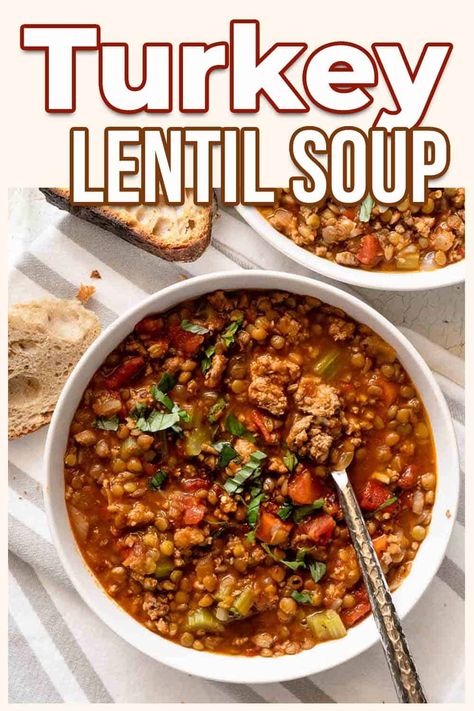 Turkey Lentil Soup, Turkey Lentil, Turkey Soup Recipes, Ground Turkey Soup, Turkey Soup Recipe, Soup Ideas, Dried Lentils, Pantry Ingredients, Lentil Soup Recipes