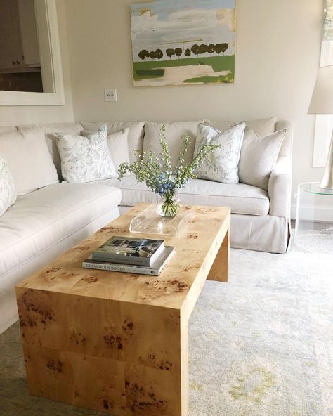 Cozy Modern Interior, Burl Wood Coffee Table, Burl Coffee Table, Burled Wood Coffee Table, Glamorous Room, Chicago Apartment, Waterfall Design, Organic Nature, Burl Wood