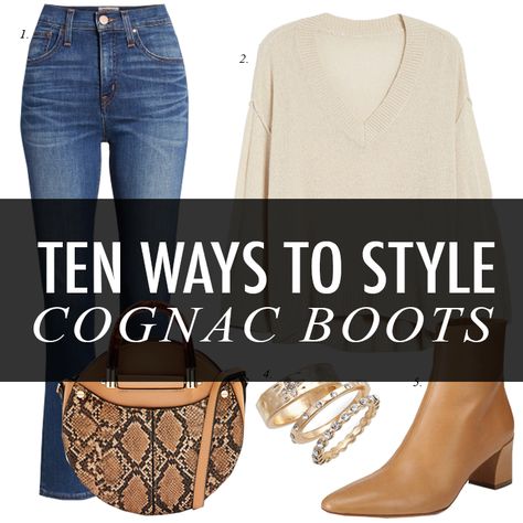 cognac boots, snake bag, crop jeans, sweater, rings Cognac Heels Outfit, Outfits With Cognac Boots, Cognac Boots Outfit Ankle, Cognac Ankle Boots Outfit, Jeans And Brown Boots Outfit, Camel Booties Outfit, Brown Boots Outfit Ankle, Camel Boots Outfit, Cognac Boots Outfit