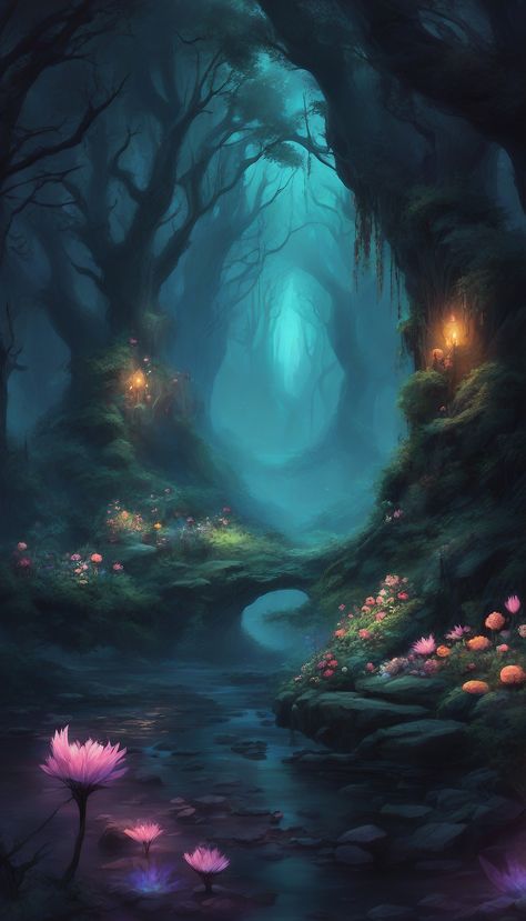 My Photoshop. The amazing and mystical world of the author Karon Enlir. Mysterious, ancient, old, scary, gothic, dark, gloomy, magical, fantasy forest, neon, glowing, trees, flowers, stream, river, trail, night, darkness Mysterious Forest, Art Inspo, Dream Catcher, Forest, Art