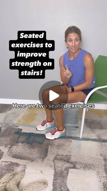 Alyssa Kuhn DPT | Osteoarthritis Expert on Instagram: "Seated exercise for stair strength 💪🏽  Here are two lower body exercises that can strengthen vital areas for stairs including the hips and the thighs 👏🏼  Adding a resistance band can increase the challenge once you master the exercises without resistance first ☝🏽  Repetitions are simply suggestions and can be modified as needed. Use support as needed as well ⚠️  Aiming for 2-3 sets every other day can be a great place to start for most ✅  Progressing to standing exercises is the goal when it comes to building strength for stairs but seated exercises can be a great place to build foundational strength as you work towards standing especially if pain, stiffness or instability is currently limiting ☝🏽  If you’d like to work on buildi Resistance Band Knee Therapy, Seated Lower Body Exercises, Alyssa Kuhn, Targeted Workouts, Standing Exercises, Lower Body Exercises, Knee Strength, Target Workout, Knee Strengthening Exercises