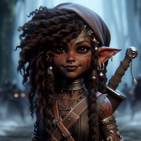 a portrait of a dark skinned female gnome in the s - Image Creator in Bing Dnd Gnome, Gnome Female, Gnome Dnd, Female Gnome, Character Profiles, Character Art, The Creator, Hair, Art