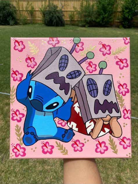 Cute Cartoon Painting Ideas On Canvas, Painting Ideas On Canvas Simple Easy Cartoon, Stitch Painting Ideas, Character Paintings On Canvas, Cartoon Characters Paintings, Cute Cartoon Paintings, Painting Ideas Cartoon Characters, Cute Canvas Ideas, Painting Ideas On Canvas Cartoon Characters