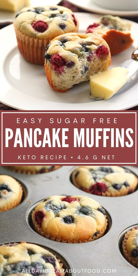 Pinterest collage for easy sugar free pancake muffins. Breakfast Keto Muffins, Carb Free Muffins, Easy Keto Breakfast Muffins, Pancake Muffins Healthy, Sweet Keto Breakfast Easy, Keto Grab And Go Breakfast, Keto Pancake Muffins, Keto Breakfast Sweet, Keto Pancake Bites