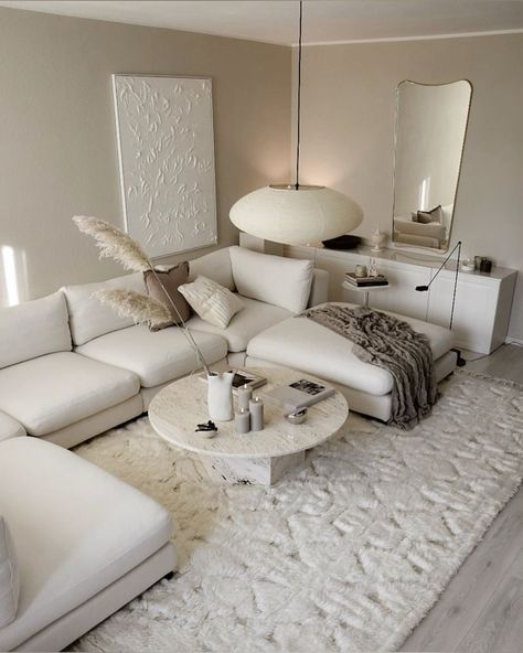 White Living Room Aesthetic, Cb2 Living Room, Couches Living, White Apartment, White Couches, Cozy Rugs, Elegant Sofa, Statement Lighting, White Living Room