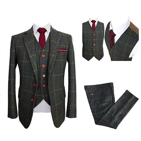 Classic Tweed Herringbone Wool Blend Men Suit 3 Pieces Check Plaid Dark Green Striped Blazer at Amazon Men’s Clothing store: Groom Tuxedo Wedding, Tuxedo Wedding Suit, Formal Tuxedo, Wedding Suits Groom, Groom Tuxedo, Tuxedo Blazer, Men Suit, Green Suit, Prom Suits