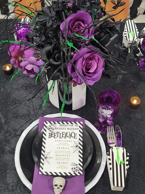 Add a spooky touch to your Halloween table with this Beetlejuice-inspired centerpiece. Featuring black and white stripes, purple, black and green florals, this centerpiece is sure to be a conversation starter. #HalloweenDecor #Beetlejuice #Centerpiece #Spooky #DIY Beetlejuice Centerpiece, Beetlejuice Dinner Party, Beetlejuice Dinner, Beetlejuice Birthday, Spooky Diy, Homemade Halloween Decorations, Beetle Juice, Quinceanera Themes, Spooktacular Halloween