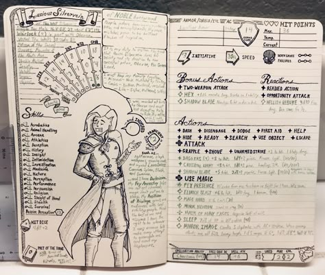 The Character Sheet in a 5" x 8.25" Moleskine journal that I made, based on inspiration form this board. #dnd #bujo #5e #moleskine Custom Character Sheets 5e, Dnd Character Sheet Ideas, Dnd Character Sheet A5, Dnd Dm Journal, D&d Notebook, Oc Layout Sheet, Dnd Character Journal Ideas, D&d Character Journal, Dnd Character Base