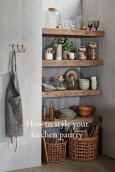 pantry storage jars chopping boards storage baskets kitchen rustic country kitchen Open Pantry, Pantry Inspiration, Open Kitchen Shelves, Pantry Design, Open Kitchen, Kitchen Shelves, Kitchen Pantry, Kitchen Styling, Rustic Kitchen