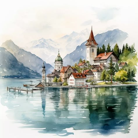 #SwissSerenity #WatercolorIllustration #SwissLandscape #SwissChaletHouses #WatercolourPaints #WoodenArchitecture #SnowCappedMountains #AtmosphericIllustration #NatureArt #SwissAlps #CanvasArt #RuralScene #TranquilLake #VibrantWildflowers #RannermanArtwork #PeacefulPainting #EuropeanArtistry #Artist'sGaze #UntouchedBeauty #ArtisticJourney #ColorBalance #LushPastures #CulturalRepresentation #SwitzerlandsSolitude #IdyllicScenery #SereneEnvironment #EmotionalConnection #CoolTones #WarmTones #WhimsicalDepiction Europe Watercolor Painting, Watercolor Switzerland, Switzerland Drawing, Switzerland Watercolor Paintings, Studio Ghibli Watercolor Art Landscape, Germany Watercolor Painting, Scotland Watercolor Paintings, Switzerland Painting, Abstract Art Projects