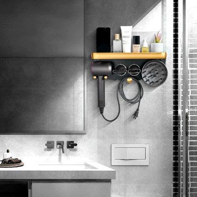 Fully functional acts as a hair dryer holder, diffuser holder, nozzle holder, power cord holder, and wall mounted storage counter top as one. Perfect storage tool to make your home more neat and tidy. The sturdy thickened aluminum hair dryer holder can easily withstand up to 40KG of gravity without falling off. Bathroom Hairdryer Storage Ideas, Bathroom Hair Tool Storage Wall, Bathroom Hair Dryer Storage, Hairdryer Storage Ideas, Dyson Hair Dryer Storage, Hairdryer Holder, Hair Dryer Organizer, Tiny Loft, Hair Dryer Accessories