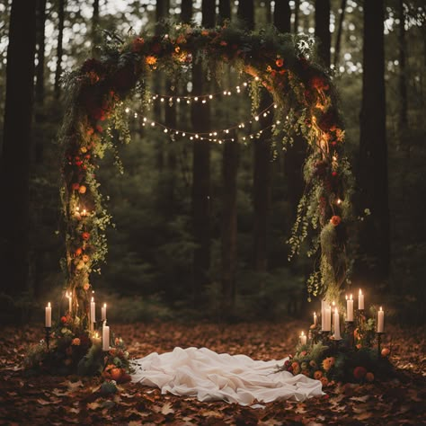 Inspiration for a moody forest wedding. Dark romance wedding arch for an enchanted forest or woodland wedding. Dark Earthy Wedding Theme, Fall Witchy Wedding, Forest Wedding Inspiration, Black Woodsy Wedding, Enchanted Backyard Wedding, Fall Dark Wedding, Dark Romance Wedding Theme, Fantasy Forest Wedding Theme, Dark Wedding Arch