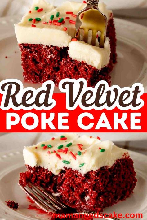 This red velvet poke cake stands out as a scrumptious and classic dessert with cream cheese frosting. This dessert is perfect for Christmas or any special occasion. Christmas Cake Red Velvet, Christmas Red Velvet Poke Cake Recipe, Red Velvet Dump Cake Recipes, Christmas Red Velvet Poke Cake, Christmas Cranberry Poke Cake, Red Velvet Dump Cake, Red Velvet Poke Cake Recipe, Christmas Poke Cake, Dessert With Cream Cheese