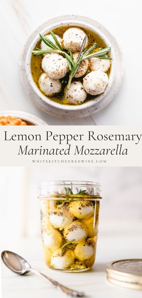 Easy to make mozzarella marinated in a homemade infused olive oil. Seasoned with lemon pepper and rosemary, these are great on salads and cheese boards. Charcuterie Simple, Mozzarella Appetizers, Marinated Mozzarella, Marinated Cheese, Simple Appetizers, Mozzarella Pearls, Homemade Appetizer, Marinated Olives, Olive Recipes