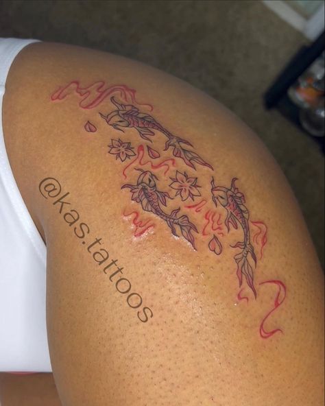 koi fish tattoo/ brown skin/ red ink Coloured Tattoos On Brown Skin, Red Ink On Brown Skin Tattoo, Black And Red Koi Fish Tattoo, Red Tattoo Black Skin, Red Ink On Dark Skin Tattoo Ideas, Red Ink Dark Skin, Red Ink Brown Skin, Red Ink On Dark Skin, Red Tattoos On Brown Skin