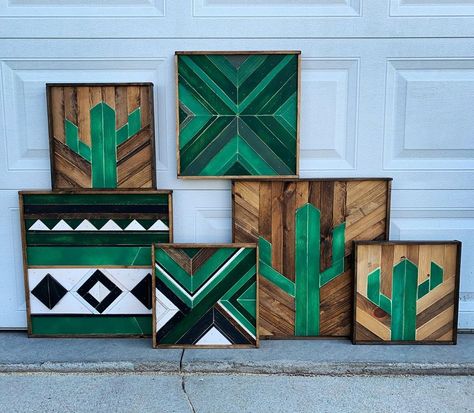 Jayme Skogen on Instagram: “A little #evergreen #cactus collection 🌵. . . . . #woodcactus #woodart #wooddecor #wallart #woodmosaic #boho #bohodecor #dohostyle…” Desert Wood Art, Cactus Wood Art, Rustic Airbnb, Aztec Wood Art, Wood Cactus Wall Art, Southwestern Dinnerware, Wooden Aztec Art, Wooden Aztec Wall Art, Buckle Display