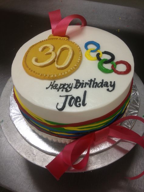 Colored ribbons Olympic themed 30th birthday cake with gold medal Birthday Cake With Gold, Birthday Cake Fruit, Golden Birthday Cakes, Cake With Gold, 30th Birthday Cake, Cake Fruit, 30 Birthday Cake, Creative Cake Decorating, Summer Birthday Party