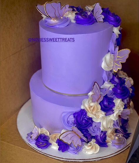 2 Tier Cake with rosettes and butterflies Purple Birthday Cake Two Tier, Purple Birthday Cake For Girls Kids, Two Tier Cake Birthday Girls, Purple Tiered Cake, Purple Two Tier Cake, 18th Birthday Cake 2 Tier, Purple 2 Tier Cake, Two Tier Butterfly Cake, Purple Butterfly Cake Birthdays