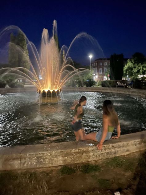 Night Summer Aesthetic, Friends Fountain, Fountain Aesthetic, Late Night Swim Aesthetic, Fountain Aesthetic Night, Fountain Night Aesthetic, Pool Aesthetic Summer Night, Camp Half Blood Cabins, Maybelline Falsies