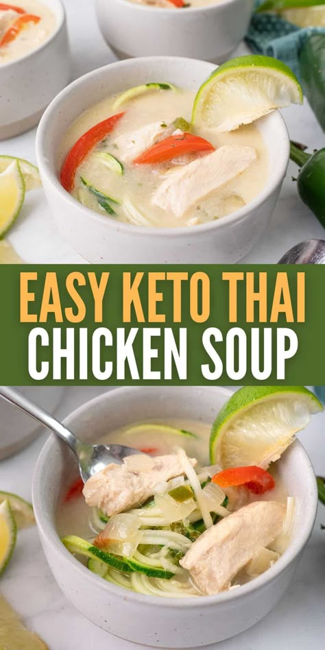 This Thai Chicken Soup with zucchini noodles is the ultimate low carb comfort food. It has a rich, coconut-scented broth with plenty of chicken and vegetables. And it takes only 30 minutes to make! Dairy Free Creamy Chicken, Tom Kha Gai Soup, Tom Kha Soup, Chicken Coconut Soup, Coconut Chicken Soup, Thai Coconut Chicken Soup, Thai Coconut Chicken, Thai Chicken Soup, Keto Soup Recipes