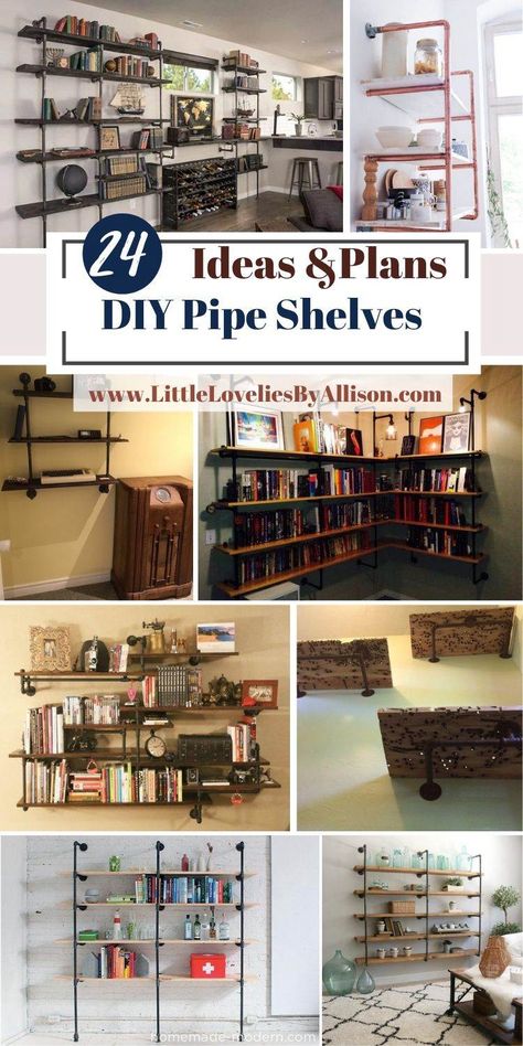 24 DIY Pipe Shelves Ideas - How To Make An Industrial Pipe Shelf Industrial Book Shelf Ideas, Industrial Liquor Shelves, Black Industrial Shelves, Shelves Made With Pipes, Black Pipe Ideas, Pipe Bar Shelves, Conduit Shelving, Industrial Shelving Kitchen, Steampunk Shelving