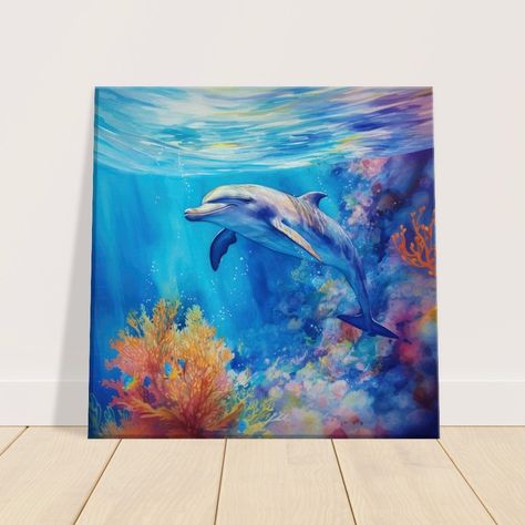 Experience the vibrant world beneath the waves with our watercolour style canvas print. This captivating artwork portrays a playful dolphin gracefully swimming in the brilliant blue waters near a vibrant coral reef. The dolphin's joyful spirit and the colourful underwater world create a scene of aquatic delight that invites you to celebrate the beauty of the sea. Dolphin Canvas Painting, Dolphin Art Painting, Dolphin Painting, Dolphin Art, Underwater Painting, Animals Art, Art Street, Watercolour Art, Drawing Inspo