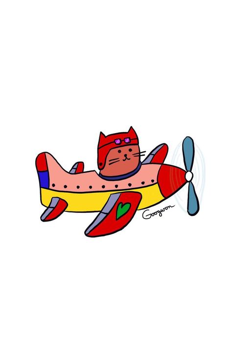 A whimsical hand drawn digital artwork of a cat pilot flying a red plane. Cat Flying Drawing, Flying Cat Drawing, Plane Doodle, Pilot Wallpaper Airplane Cartoon, Cat On A Plane, Plane Ticket Illustration, Plane With Banner Illustration, Map Aesthetic, Cat Driving Car Drawing