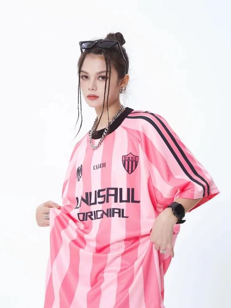 T-shirt y2k Top women Oversized t-shirts short sleeves stripe pink American crop top racing car tee Pink Football Shirt, Block Core, Y2k Techwear, Sports Merch, Basketball Women, Pink Basketball, Pink Football, Sports Jerseys, Sporty Shorts