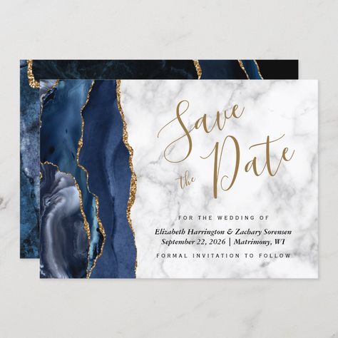 Modern Navy Blue Gold Agate Marble Save the Date Invitation - navy gold save the date invitations Gold Save The Dates, Navy Invitation, Modern Save The Dates, Date Invitation, Marble Background, Save The Date Card, Formal Invitation, Save The Date Invitations, Navy Gold