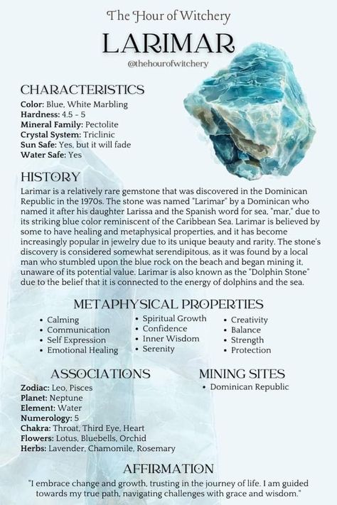 Larimar Properties, Healing Stones Meanings, Crystal Knowledge, Pagan Life, Best Healing Crystals, Spiritual Coaching, Gemstones Chart, Crystal Healing Chart, Fairy Witch