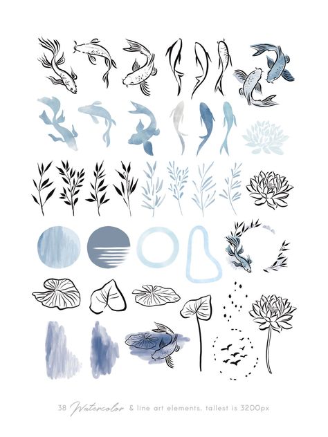 "Happy to present you my new \"Blue Fish & line art\" clipart set! The ink line art illustrations are paired with elegant watercolors, simple botanicals and abstract shapes. Some elements are slightly transparent which is great for creating interesting overlays. This versatile set is perfect for creating prints, cards, invitations, packaging and anything else you can think of! This DIGITAL file contains: * 38 ink koi fish, lotus flower, line art, abstract shapes & botanical illustrations Koi Fish Outline, Lotus Flower Line Art, Watercolor Fish Tattoo, Koi Fish Illustration, Fish Line Art, Small Fish Tattoos, Fish Nail Art, Pond Drawing, Fish Outline