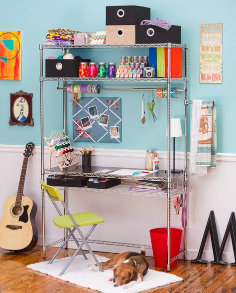 Getting Crafty with the Wire Desk. Get it now  at www.wireshelfadditions.com Wire Shelving Unit Desk, Wire Shelves Craft Room, Wire Shelving Ideas, Carmen Amaya, Shelving Unit Bedroom, Wire Rack Shelving, Craft Room Desk, Future Bedroom Ideas, Wire Shelves