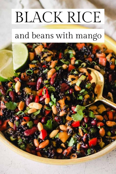 This Black Rice and Beans recipe is an easy, vegan rice salad with forbidden black rice, kidney beans, mango, peanuts, and fresh cilantro. It works great as a side dish or plant-based entree! #GratefulGrazer #blackrice #riceandbeans #vegan #plantbased Vegan Rice Salad, Black Rice Recipes, Simple Vegan Lunch, Cooking Black Rice, Black Rice Recipe, Black Rice Salad, Rice With Beans, Salad With Mango, Rice And Beans Recipe