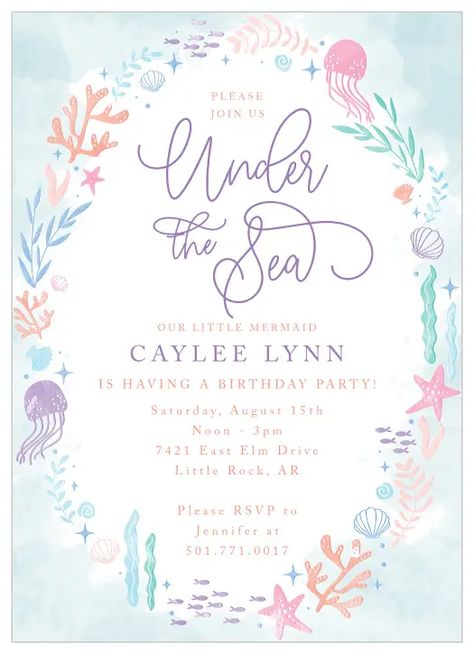 Ariel Themed Birthday Invitation, Ocean Theme Birthday Party Girl, Mermaid 3rd Birthday Party, 3rd Birthday Party For Girls, Underwater Birthday, Third Birthday Girl, Under The Sea Birthday Party, Ocean Birthday Party, Invitation Unique