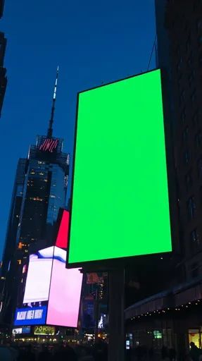 ↑↑↑ Larger size on website 🔸 A large, green screen billboard dominates the cityscape, with a tall building illuminated with pink Light Scattering, Blue Lights, Green Screen, Night Sky, Night Skies, Cityscape, Large Size, Screen, Building